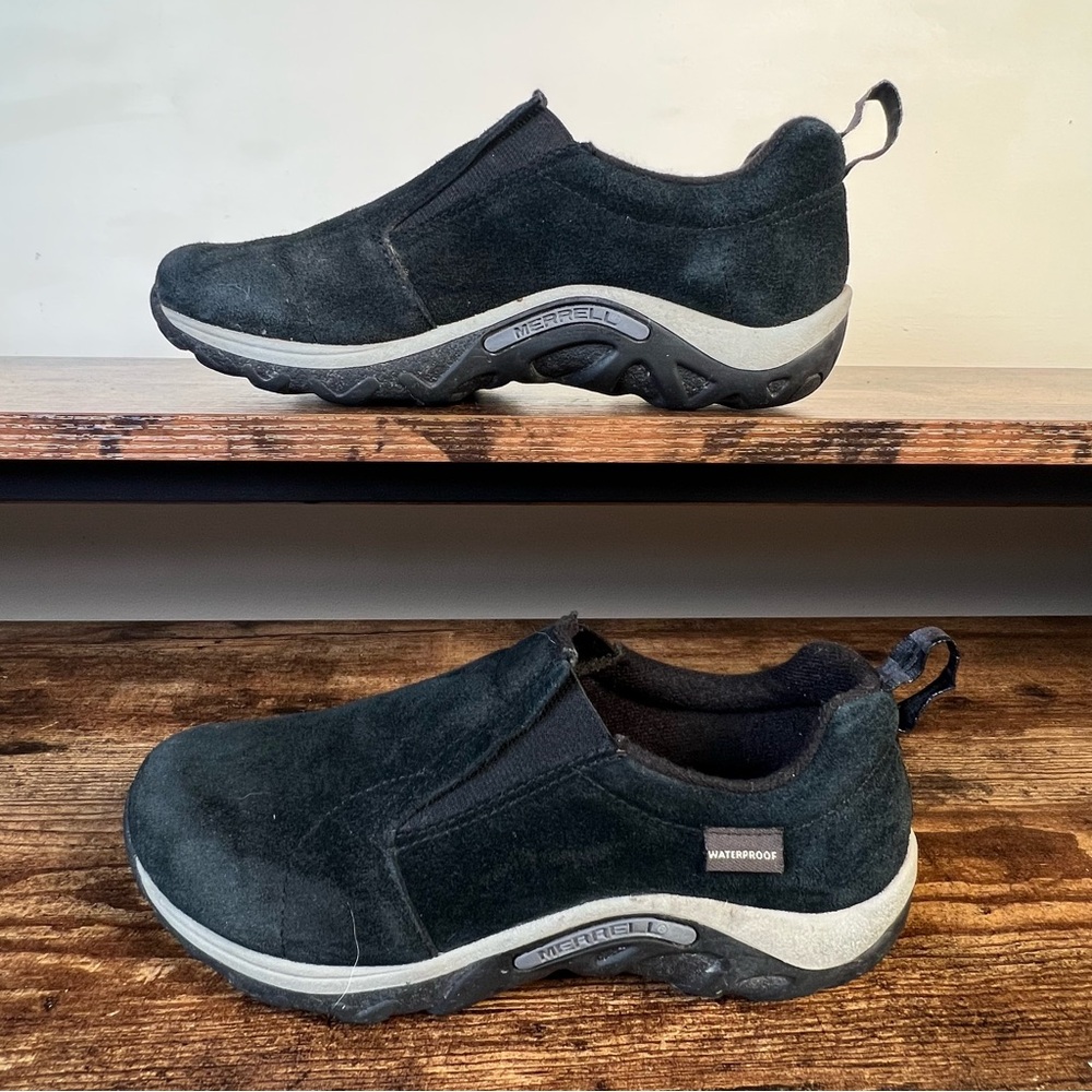 Merrell Suede Leather Clog Slip On Shoes Black Camo Tag Walking Trail Size 4 - Picture 7 of 11